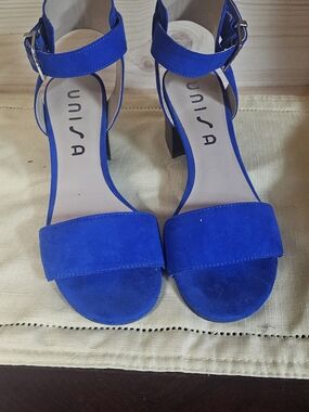 Unisa Blue Suede Ankle Strap Block Heel Sandals